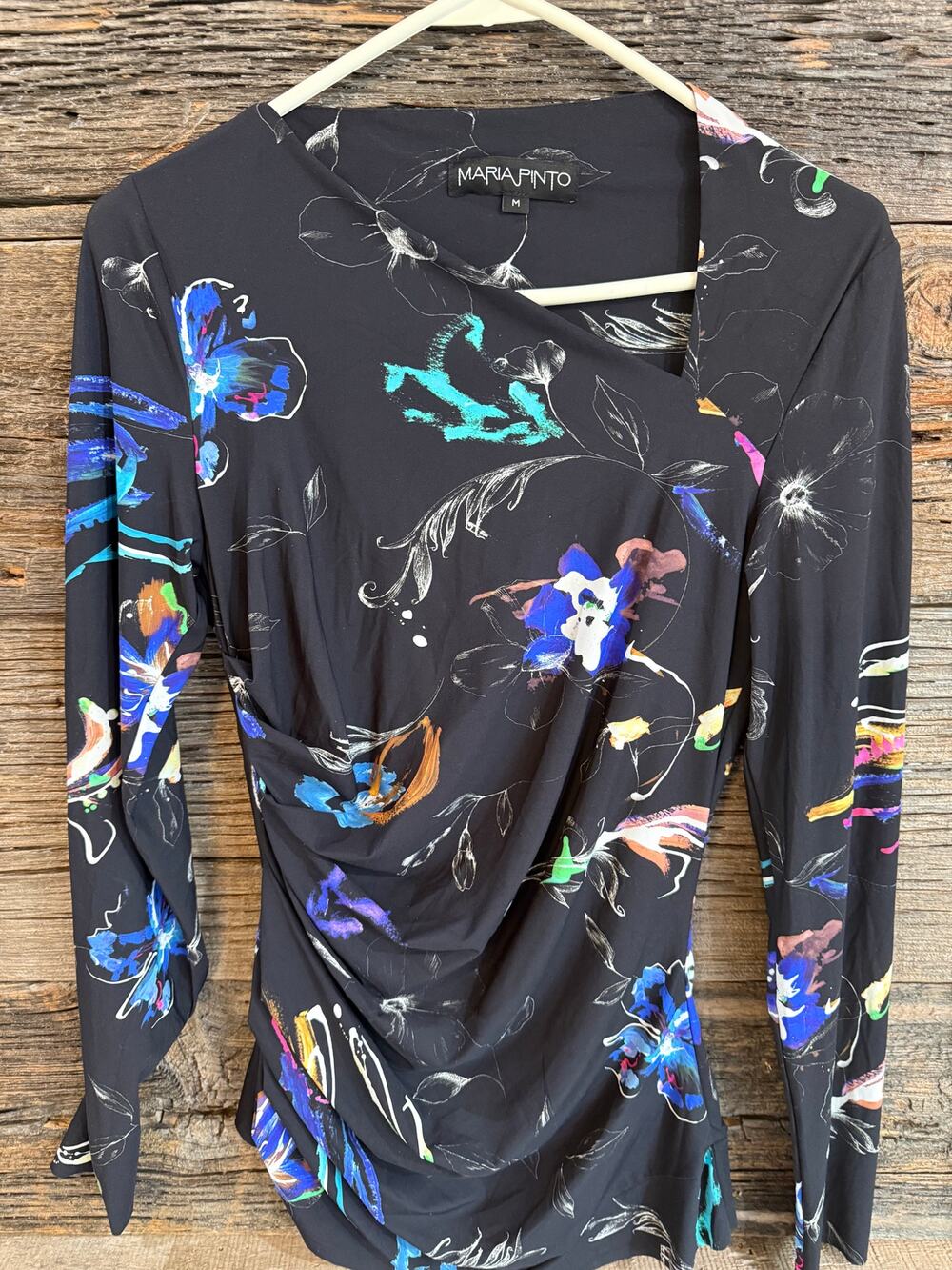 Maria Pinto Top Black Multi colored Floral Draped Ruched Asymmetrical M